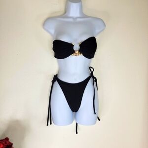 Zaful Black Bow Bandeau Bikini Set with Gold Accent